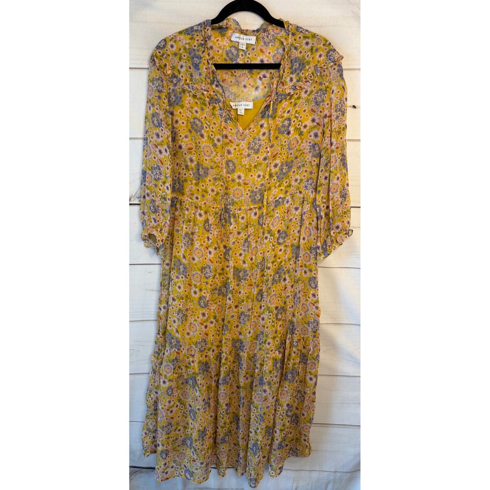 Amour Vert Yellow Floral Viscose Tiered Midi Dress Ruffle V-Neck Boho Womens S